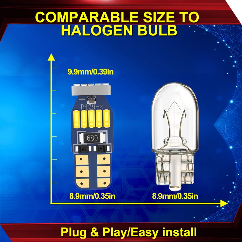 XINYANG 10Pcs 194 LED Car Bulbs, Canbus No Error T10 168 LED Light Bulbs, 15smd 4014 chipset 175 2825 Non-polarity LED Lights for Car Interior Dome Map Door Courtesy License Plate, 6000K White - Image 2